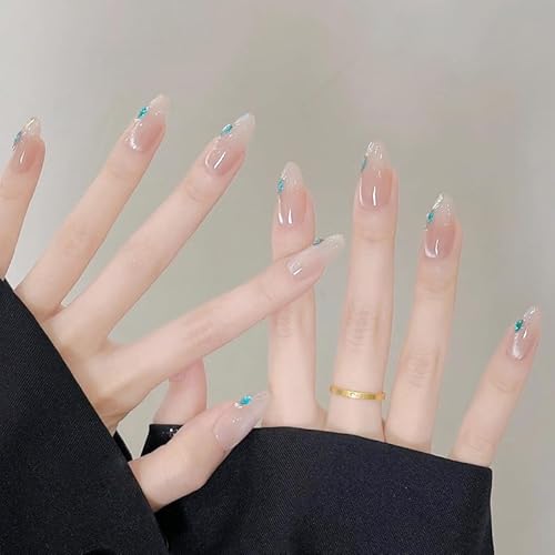 Cat Eye Press on Nails Medium Mandel Pure Handmade Fake Nails Pink Cat Eye with Blue Rhinestones False Nails Designs Acrylic Reusable Full Cover Stick on Nail for Women Girls 10pcs (M, Pink) von CUTENS