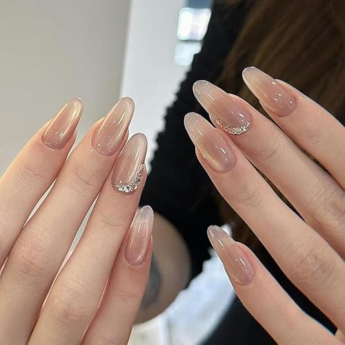 Cat Eye Press on Nails Pink Medium Long Almond Pure Handmade Fake Nails Nude with Rhinestone Falsche Nägel Acryl Wiederverwendbar Stick on Nail Glossy Full Cover für Frauen Mädchen 10pcs (L, Rosa) von CUTENS