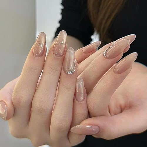 Cat Eye Press on Nails Pink Medium Long Almond Pure Handmade Fake Nails Nude with Rhinestones Falsche Nägel Acryl Wiederverwendbar Stick on Nail Glossy Full Cover für Frauen Mädchen 10pcs (S, Rosa) von CUTENS