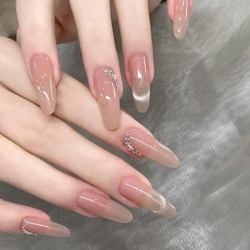 Pink Cat Eye Press on Nails Long Almond Pure Handmade Fake Nails with Rhinestone Pink Full Cover Fake Nails for Women Girls 10pcs (S) von CUTENS