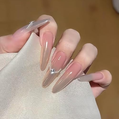 Pink Gradient Press on Nails Long Almond Pure Handmade Fake Nails Silver with Rhinestone False Nails Reusable Stick on Nails for Women and Girls 10pcs (L, Pink) von CUTENS