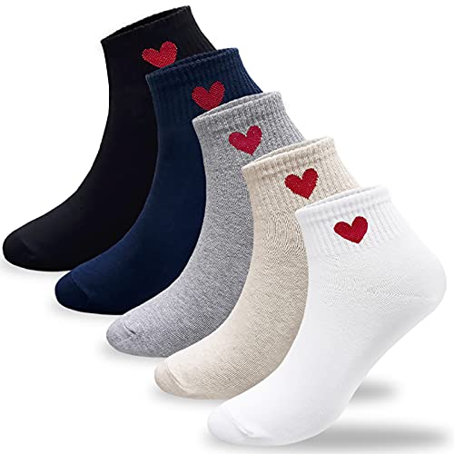 CUTIE MANGO Damen Herzdruck Baumwolle Crew Socken Sneaker Knöchel Neuheit Casual Weich Niedlich Lovely Crazy Fun, 5 Paar_5 Farben (1 Paar pro Farbe), Medium von CUTIE MANGO