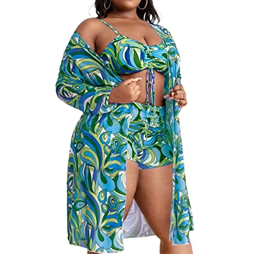 CUTIECLUB 3-teilige übergroße Anzüge für Frauen, Badeanzüge, Bikini-Sets mit Überdeckung, Röcke/Strickjacken, Damen, Blumendruck, Übergröße, sexy Badeanzug, Bademode, grün, XXL Große Größen von CUTIECLUB