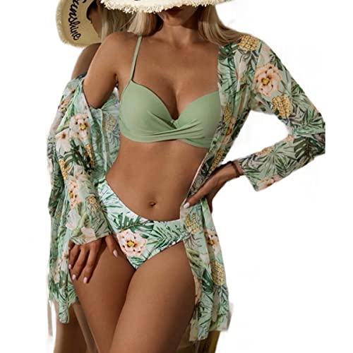 CUTIECLUB Damen 3-teilige Badeanzüge Bikini-Sets mit Überziehröcken, Damen Strickjacken Sommer Blumendruck dreiteiliger Badeanzug Strandkleidung Sexy Bikini Set, OLIVEGREEN, M von CUTIECLUB