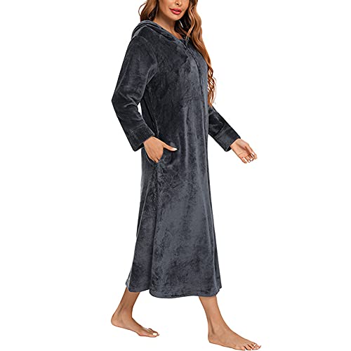 CUTIECLUB Damen Kapuze Langer Flanell Robe Weiches Kleid Pyjama Warm Fleece Nachtwäsche PJS Plüsch Dressing Loungewear mit Reißverschluss, grau, 36 von CUTIECLUB