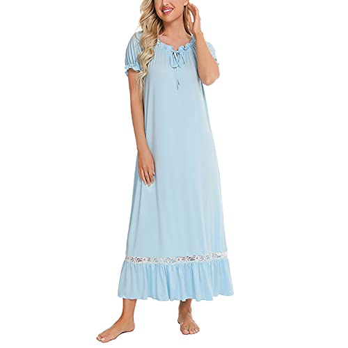 CUTIECLUB Damen Nachthemd Kurzarm Nachtwäsche Casual Rüschen Nachthemden Pyjama, blau, XX-Large von CUTIECLUB