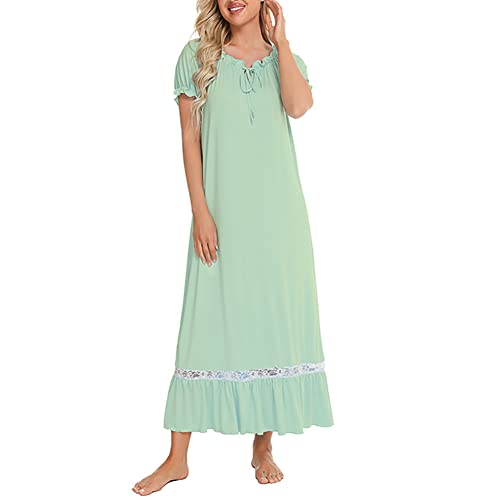 CUTIECLUB Damen Nachthemd Kurzarm Nachtwäsche Casual Rüschen Nachthemden Pyjama, grün, Large von CUTIECLUB