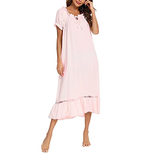 CUTIECLUB Damen Nachthemd Kurzarm Nachtwäsche Casual Rüschen Nachthemden Pyjama, rose, Large von CUTIECLUB