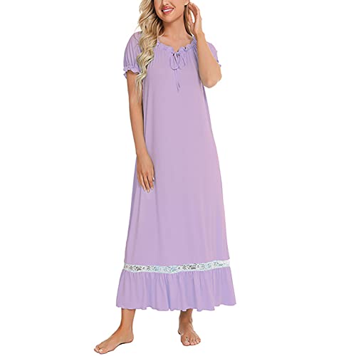 CUTIECLUB Damen Nachthemd Kurzarm Nachtwäsche Casual Rüschen Nachthemden Pyjama, violett, XX-Large von CUTIECLUB