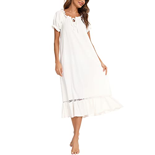 CUTIECLUB Damen Nachthemd Kurzarm Nachtwäsche Casual Rüschen Nachthemden Pyjama, weiß, Small von CUTIECLUB