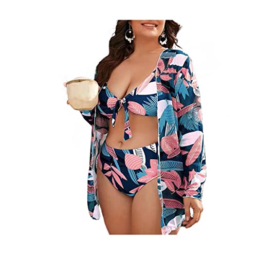 CUTIECLUB Damen Plus Size Split Badeanzug Hohe Taille 3-teilig Badeanzug Bikini Sets Sexy Dreieck Badeanzüge Oversized Print Beachwear, rose, XXL Große Größen von CUTIECLUB