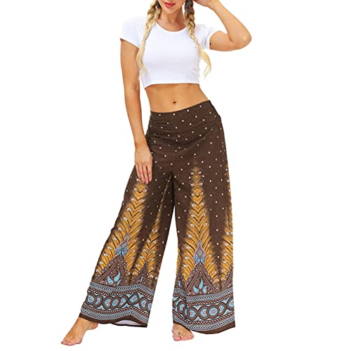 CUTIECLUB Damenhose mit weitem Bein, Bohemian-Stil, Blumendruck, hohe Taille, Ethno-Stil, Hippie-Hose, braun, M von CUTIECLUB