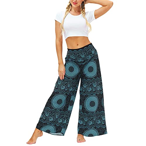 CUTIECLUB Damenhose mit weitem Bein, Bohemian-Stil, Blumendruck, hohe Taille, Ethno-Stil, Hippie-Hose, navy, XL von CUTIECLUB