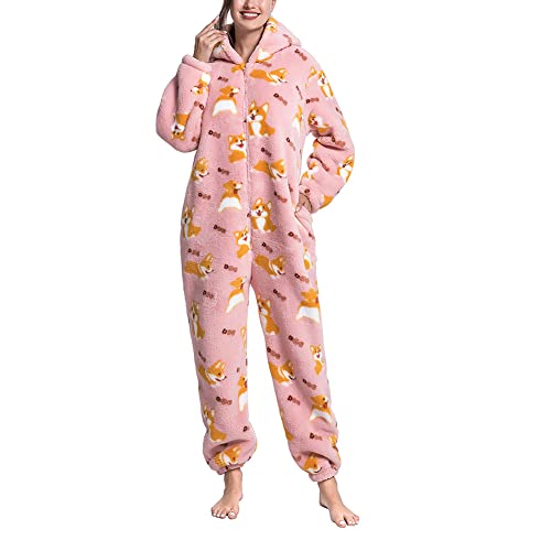 CUTIECLUB Onesies Pyjama für Erwachsene, Damen und Herren, Schlafanzug, Kapuze, Jumpsuit, Flanell, Homewear mit Taschen, Corgi, 42 von CUTIECLUB