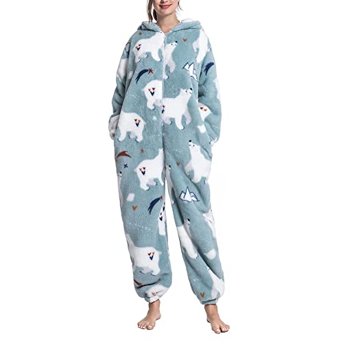 CUTIECLUB Onesies Pyjama für Erwachsene, Damen und Herren, Schlafanzug, Kapuze, Jumpsuit, Flanell, Homewear mit Taschen, Weißer Bär, 46 von CUTIECLUB