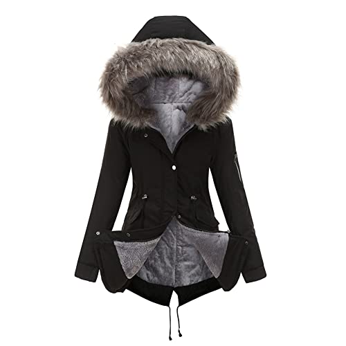 CUTIECLUB Winterjacke, Mäntel für Damen, lange, dicke Jacken, Kapuze, weiches Samtfutter, Reißverschluss, Outwear, Schwarz , 54 von CUTIECLUB