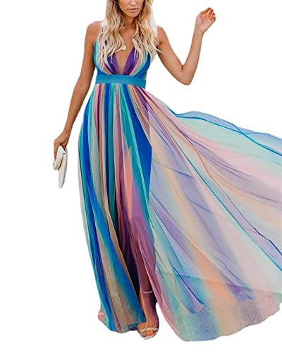 Frauen-reizvolles tiefes V-Regenbogen Kleid,Chiffon-Riemen regenbogenrock-Sommer-Strand-Party-Maxi-Kleider (Color : Rainbow, Size : L) von CUTSKY