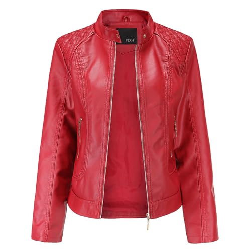 CUTTE Lässige Damen-Lederjacke mit Stehkragen, Weiche Bomberjacke Langärmlig mit Reißverschluss Moto-Biker-Kurzjacke,Red,XXL von CUTTE