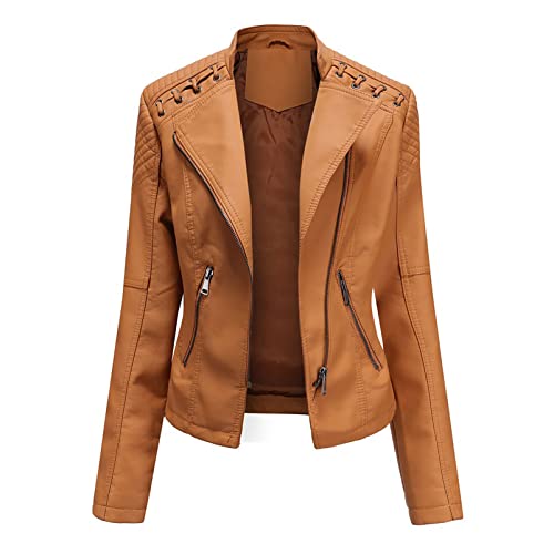 Damen Stehkragen Leder Kurze Jacke Slim Lederjacke Damen Motorrad Bikerjacke Motorradmantel für Damen von CUTTE