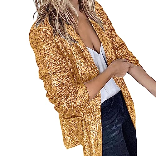 CUTeFiorino Damen Glänzend Pailletten Jacke Cardigan Langarm Bolero Tops Kurz Oberteile Eleganter Blazer Glitzer Party Outfits Clubwear Navy Gold Silber S M L XL XXL von CUTeFiorino