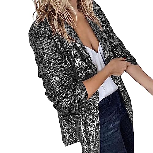 CUTeFiorino Damen Glänzend Pailletten Jacke Cardigan Langarm Bolero Tops Kurz Oberteile Eleganter Blazer Glitzer Party Outfits Clubwear Navy Gold Silber S M L XL XXL von CUTeFiorino