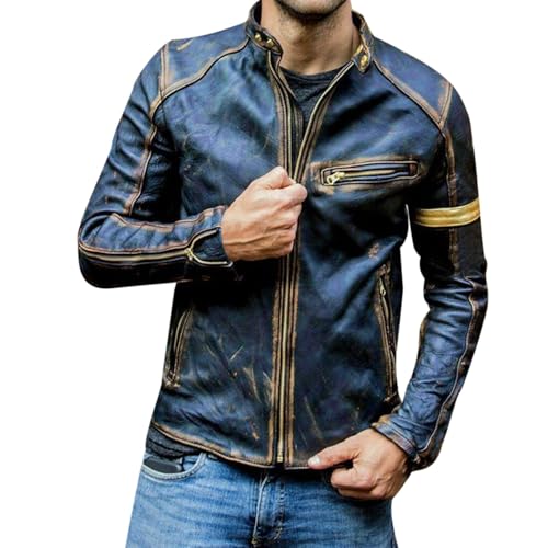 CUTeFiorino Herren Lederjacke Schwarz Vintage Motorradjacke Herren Kunstleder Jacken Herren Leder Retro Bikerjacke mit Reißverschluss Distressed Lederjacke von CUTeFiorino
