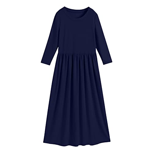 CUTeFiorino Hosenkette Edelstahl Kleinkind Langarm U-Ausschnitt Soild Loose Casual Daily Wear Langes Maxi Prinzessin Kleid Tasche Karabinerhaken (Navy, 7-8 Years) von CUTeFiorino