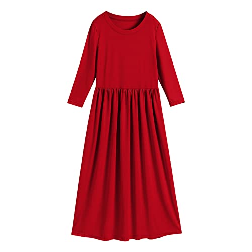 CUTeFiorino Hosenkette Edelstahl Kleinkind Langarm U-Ausschnitt Soild Loose Casual Daily Wear Langes Maxi Prinzessin Kleid Tasche Karabinerhaken (Red, 7-8 Years) von CUTeFiorino