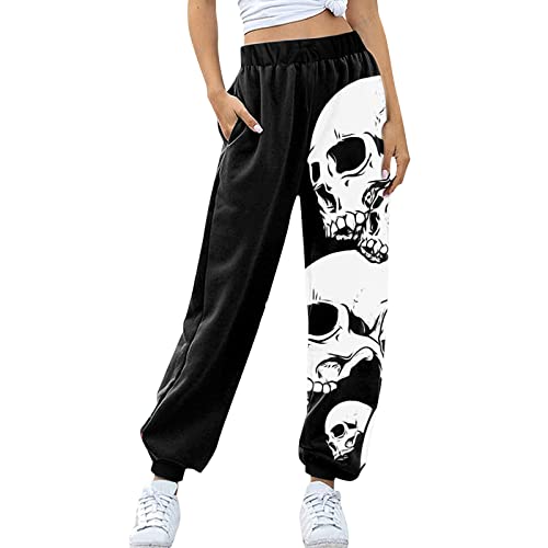 CUTeFiorino Jogginghosen Für Damen Freizeit Totenkopf Bedrucktes Elastic Waist Taille Sporthose Trainingshose Fitness Bequeme Baggy Freizeithose Lang Lounge Hose Mit Pockets Joggpants Sweathose von CUTeFiorino