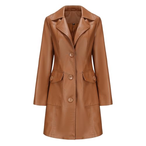 CUTeFiorino Mittellanger Ledermantel für Damen, langärmeliger -Trenchcoat, modischer Mantel Damen Jacken Herbst (Brown, XXL) von CUTeFiorino