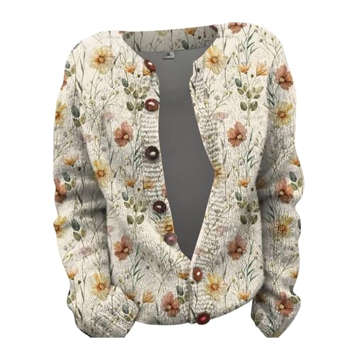CUTeFiorino Strickjacke Damen Bunt Gemustert Strickpullover Elegant V-Ausschnitt Langarm Strickmantel mit Knöpfen Winterjacke Lässige Blumendruck Winter Jacke Lose Mantel Strickpulli Wickelpullover von CUTeFiorino