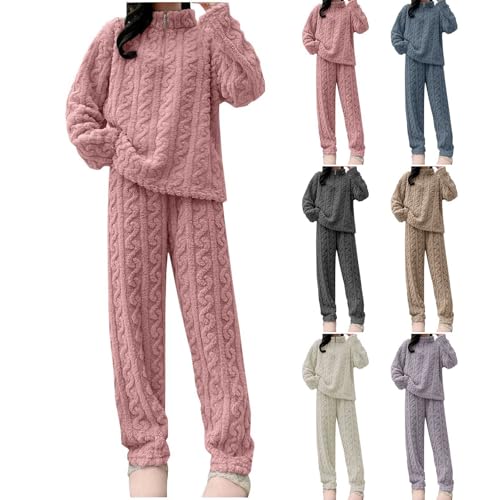 Damen Schlafanzug Fleece Warm Hausanzug Herzförmig Muster Flanell Fleece Nachtwäsche Set 2025 Pyjama Damen Mode Jumpsuit Plüsch Pullover + Hose Weich Bequem Badeset Winter von CUTeFiorino