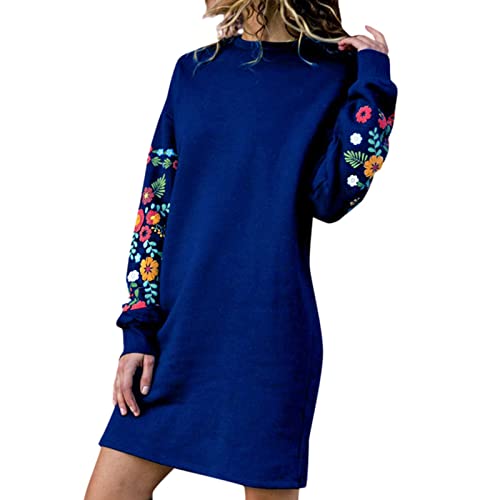 Freizeitkleid Damen Herbst Winter Langarm Blumen Bestickt Herbstkleid Rundhals Knielang Partykleid Frauen Lässig Loose Fit Einfarbig Wickelkleid Pullover Langarmkleid Damen Kleid von CUTeFiorino