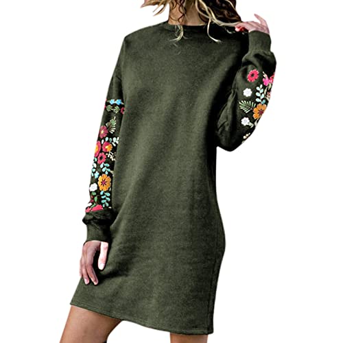 Freizeitkleid Damen Herbst Winter Langarm Blumen Bestickt Herbstkleid Rundhals Knielang Partykleid Frauen Lässig Loose Fit Einfarbig Wickelkleid Pullover Langarmkleid Damen Kleid von CUTeFiorino