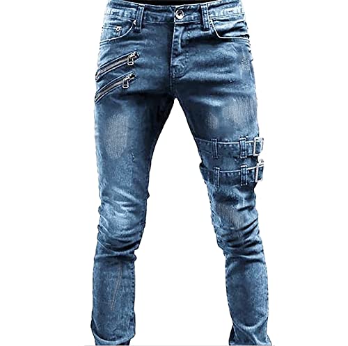 Herren Jeans Punk Denim Zerrissene Jeans Hippie Look-Knopfleiste Slim Fit Knöpfbar Gemütliche mit Gürtel Hautfreundlich Gothic Fashion Streatwear Funky Basic Straight Leg Schwarz Blau S-3XL von CUTeFiorino