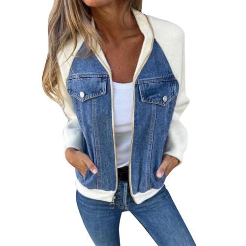 Jeansjacke Damen Oversize Langarm Zipper Jacke Denim Patchwork Jacken College Jacke Winter Jeansjacken Übergangsjacke Lockere Casual Denimjacke Mode Farbblock Mit Reißverschluss Jean Mantel von CUTeFiorino