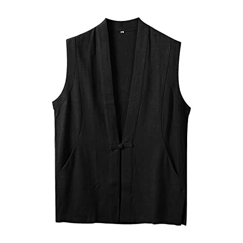 Leinen Weste Herren Leicht Vintage Weste Flax Mode Knopfleiste Anzugwesten Herren Lässig Aermellos Sportlich Weste | Atmungsaktiv Quick-Dry Herren Westen Einfarbig Schwarz Grau Weste M-4XL von CUTeFiorino