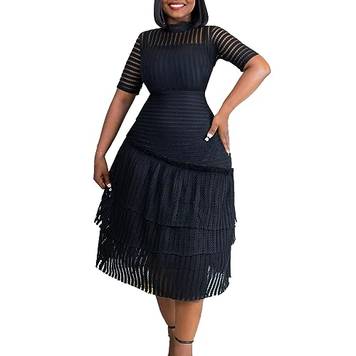 Party Kleider Damen Europäische und amerikanische Damen-Persönlichkeit, A-Linien-Rock, Rundhalsausschnitt, Temperament, eleganter Reißverschluss hinten, sexy Kleid Knielanges Kleid Damen (Black, XXL) von CUTeFiorino