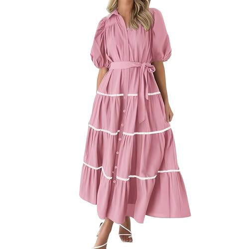 Sommerkleid Damen Lang Mit Knöpfen Partykleid Mode Streifen Wickelkleid V-Ausschnitt Laternenärmel Kurzarm Maxikleider High Waist Mit Strappy Abendkleid A-Linie Saum Kleider Tunikakleid Damen von CUTeFiorino