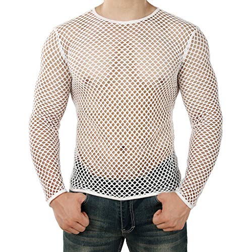 Netzshirt Herren Sexy Langarmshirts R-Neck Freizeitshirt Herren Muskelshirt Atmungsaktiv Schnelltrocknend Hochelastisch Tanzkostüm R-Neck Sommer Strandshirt Geeignet für Tanzen Night Club S-XXL von CUTefiorino