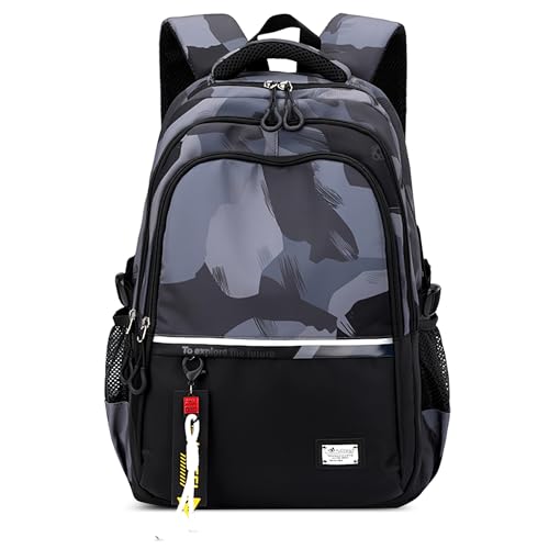 CUURODY Herren Rucksack Groß Jungen Schulrucksack mit Mode Aufdruck 15.6 Zoll Laptop Daypack Wasserdicht Polyester Lässig Campus Reise Tagesrucksack Schwarz B von CUURODY