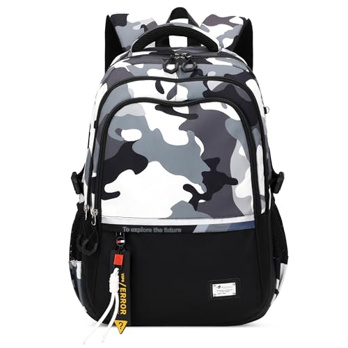 CUURODY Herren Rucksack Groß Jungen Schulrucksack mit Mode Aufdruck 15.6 Zoll Laptop Daypack Wasserdicht Polyester Lässig Campus Reise Tagesrucksack Schwarz E von CUURODY