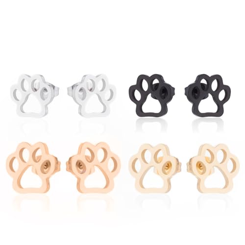 CUZYP 4 Paar Edelstahl-Ohrringe, Ohrstecker Damen，Ohrstecker，Ohrstecker für Damen, Tierpfoten-Ohrringe (Gold, Silber, Schwarz, Roségold) von CUZYP