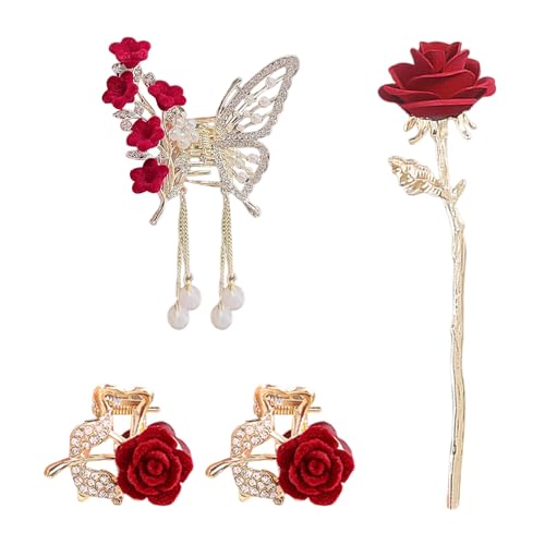 1 Rosen-Quasten-Clip, 2 Rosen-Mini-Clips Und 1 Rosen-Haarnadel, Elee Haar-Accessoires, Retro-Haar-Accessoires Aus Metall, Damen-Haar-Accessoires von CVDYWDJIE