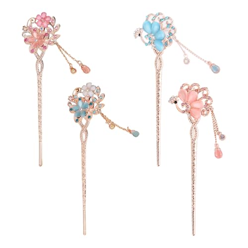 4 Stück Retro-Quasten-Haarnadeln, Exquisite Blumen-Haarnadeln, Chinesischer Haarschmuck, Strass-Anhänger-Haarnadeln, Damen-Haarnadeln, Haarfixierungsdekorationen von CVDYWDJIE