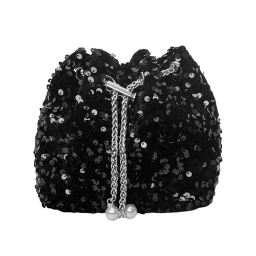 CVDYWDJIE 1 Schwarze Paillettentasche, Damentasche, Elee Und Schlichte Tasche, Mit Kordelzug, Modische Persönlichkeitstasche von CVDYWDJIE