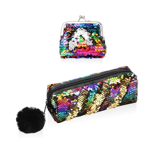 CVDYWDJIE 1 Stück Haarball-Federmäppchen Mit Pailletten Und 1 Münzgeldbörse, Kreatives Personalisiertes Federmäppchen, Federmäppchen Für Mädchen, Geschenk Für Studenten von CVDYWDJIE