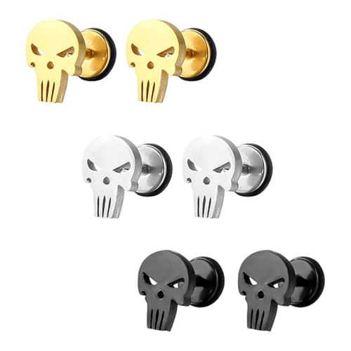 CVDYWDJIE 3 Paar Ohrringe In Totenkopfform, Ohrringe Aus Edelstahl, Ohrringe Im Punk-Stil, Modische Personalisierte Ohrringe, Langlebige Ohrringe von CVDYWDJIE