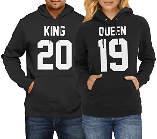 CVLR King Queen + Wunschnummer Set 2 Hoodies Pullover Pulli Liebe Love Pärchen Schwarz/Weiss Front Print (King Gr. XL + Queen Gr. L) von CVLR