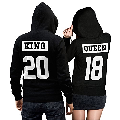 CVLR King Queen + Wunschnummer Set 2 Hoodies Pullover Pulli Liebe Love Pärchen Schwarz/Weiss Invertiert (King Gr. M + Queen Gr. 3XL) von CVLR